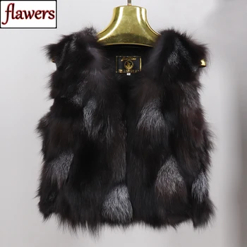 Image Winter Women Real Sliver Fox Fur Vest Short Style Warm 100% Natural Real Sliver Fox Fur Gilet Sliver Fox Fur Sleeveless Jacket