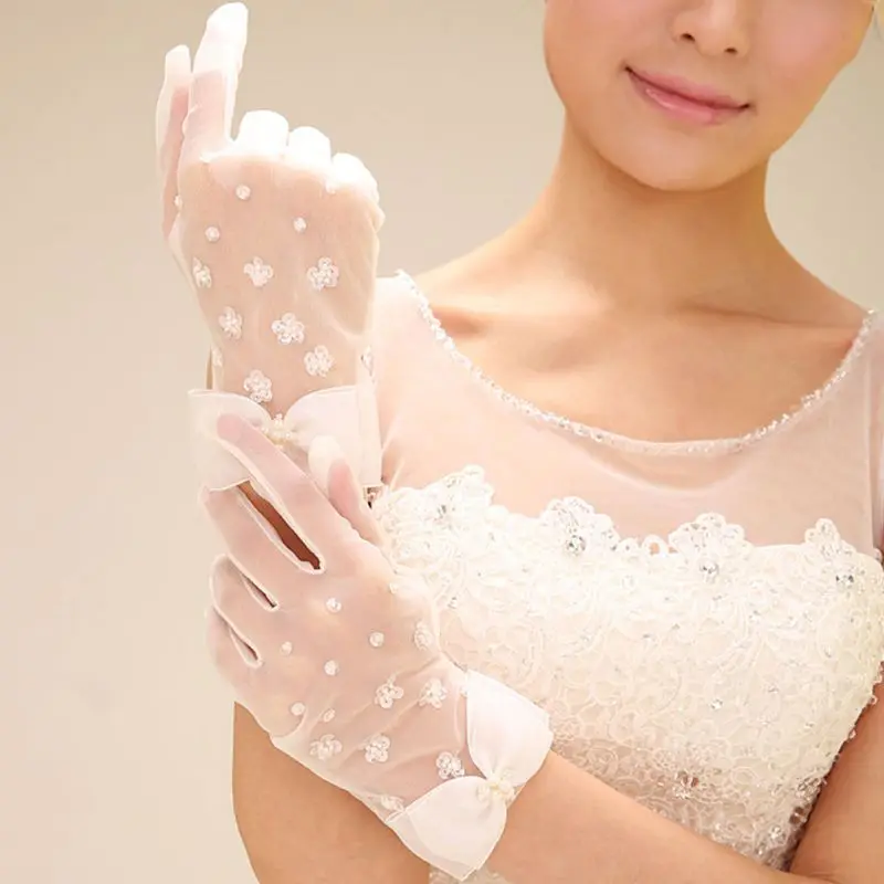 Simple Short Spring Summer Mesh Thin Section Gloves Artificial Pearl Bow New Wedding Dress Bride Glove