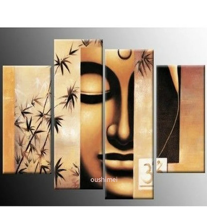 Handpainted 4PCS Golden Hues Modern Abstract Wall Art Oil Painting On Canvas Buddha Picture For Home Decoration Free Shipping