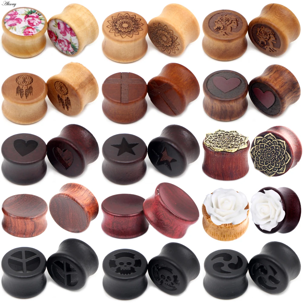 Alisouy 2 szt. Drewniane zatyczki do uszu Flesh tunele wskaźniki 6-30mm ucho Tragus Expander palisander bambus fioletowe serce piercing biżuteria