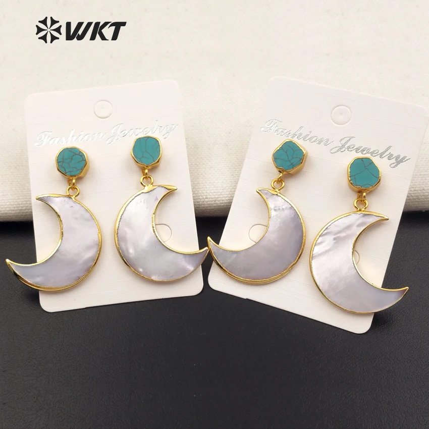 WT-E430 Exquisite Design Open Moon Shape Pearl Shell Green Stone 18k Gold Dipped Drop Earring For Women Fashion Jewelry