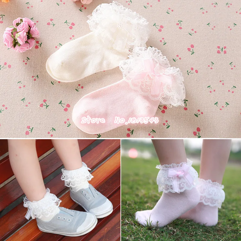 Children Girls Ribbon Bow Double Lace Socks with Little Pearl Cute Beautiful Princess Cotton Socks 5 Size S-M-L-XL-XXL