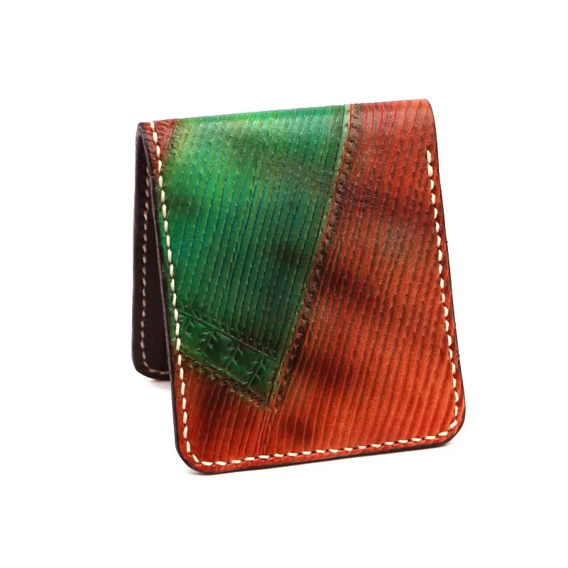 Hand-made Short Cow Leather Lovers Wallets Purses Men Iridescent Color Clutch Vegetable Tanned Leather Wallet Card Holder