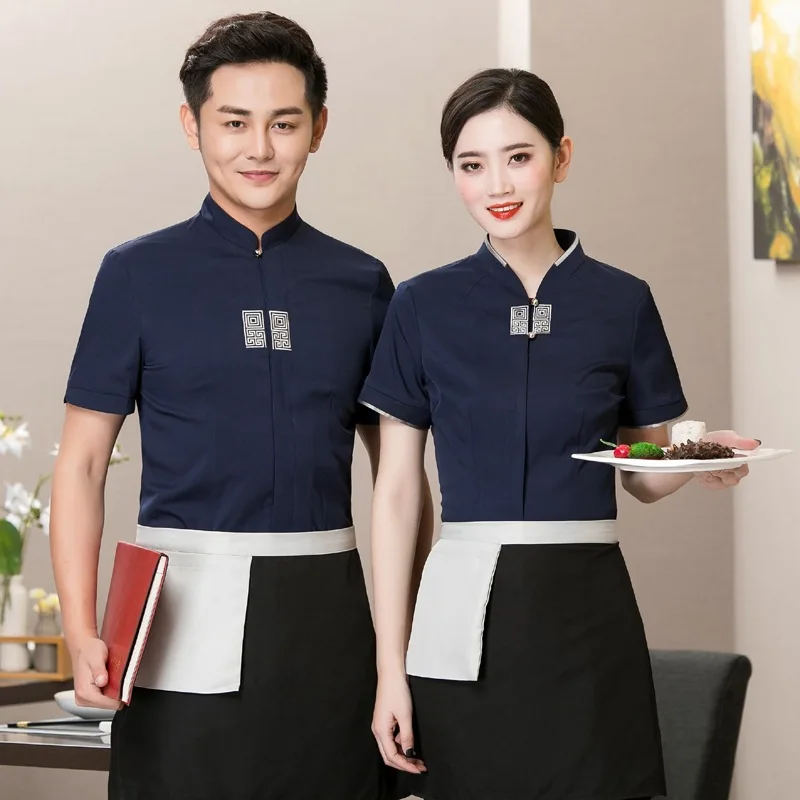 Hotel Workwear Summer Women Restaurant Coat Uniform Short Sleeve Waitress of Chafing Dish Canteen Breathable Men Jacket H2118