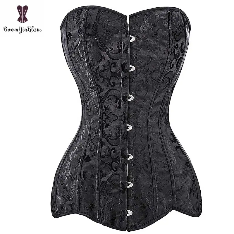 

Long Black Corset Plus Size Steel Boned Korset Gothic Women Overbust Korsett Hip Cover Floral Sexy Corselet Steampunk Body Korse