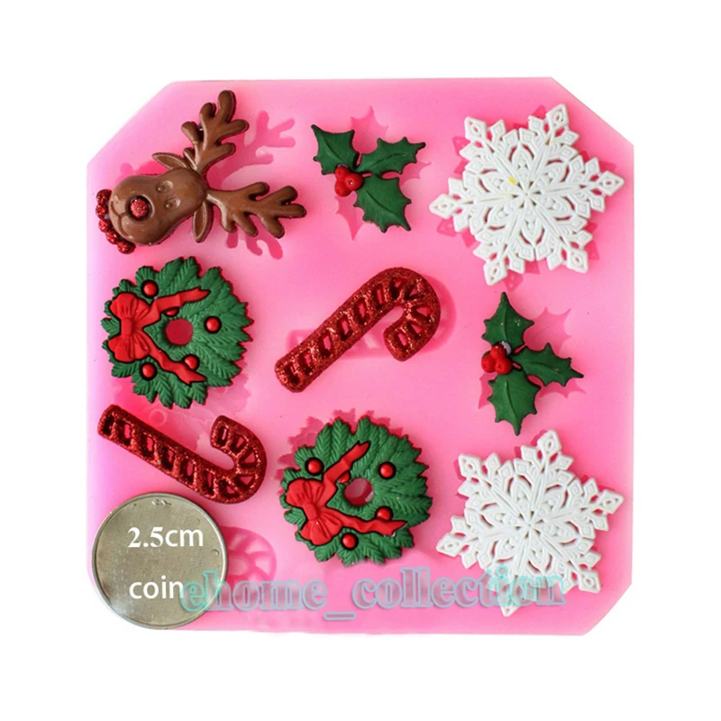 3D Christmas Snow Flake Candy Cane Reindeer Xmas Holly Leaf Shape Silicone Fondant Cake Chocolate Baking DIY Tools Kitchen Mold