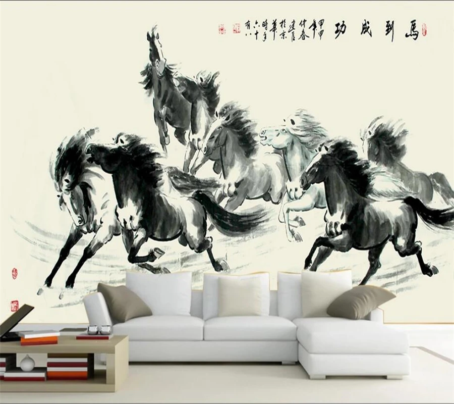 Custom wallpaper 3d stereo photo mural horse to success eight horse figure ink Chinese style wall papers home decor 3d wallpaper