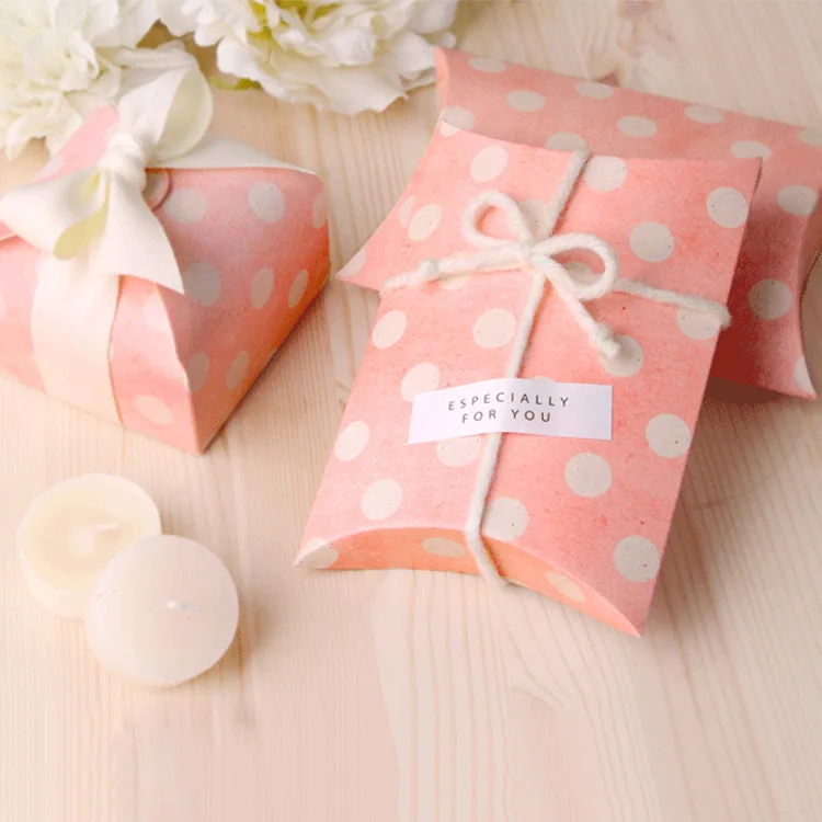 10pcs 20pc 50pc 100pcs polka pink dot Box bag craft paper Pillow Wedding Favor Gift Boxes pie Party Box bags eco friendly kraft