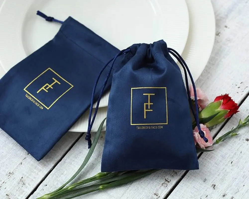 Flannel Jewelry Pouches Custom Logo Size Navy Blue Velvet Drawstring Earrings Packaging Organizer Gift Bag for Wedding Bulk 100