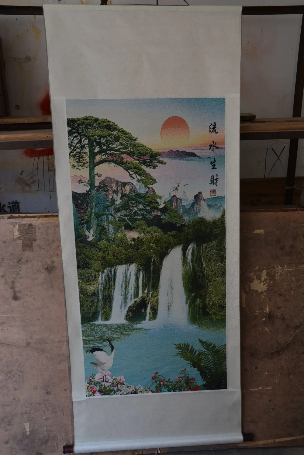 

Hand-painted Chinese paintings, Embroidery of the Qing Dynasty in China, flying crane&pine & waterfall & sunrise, free shipping