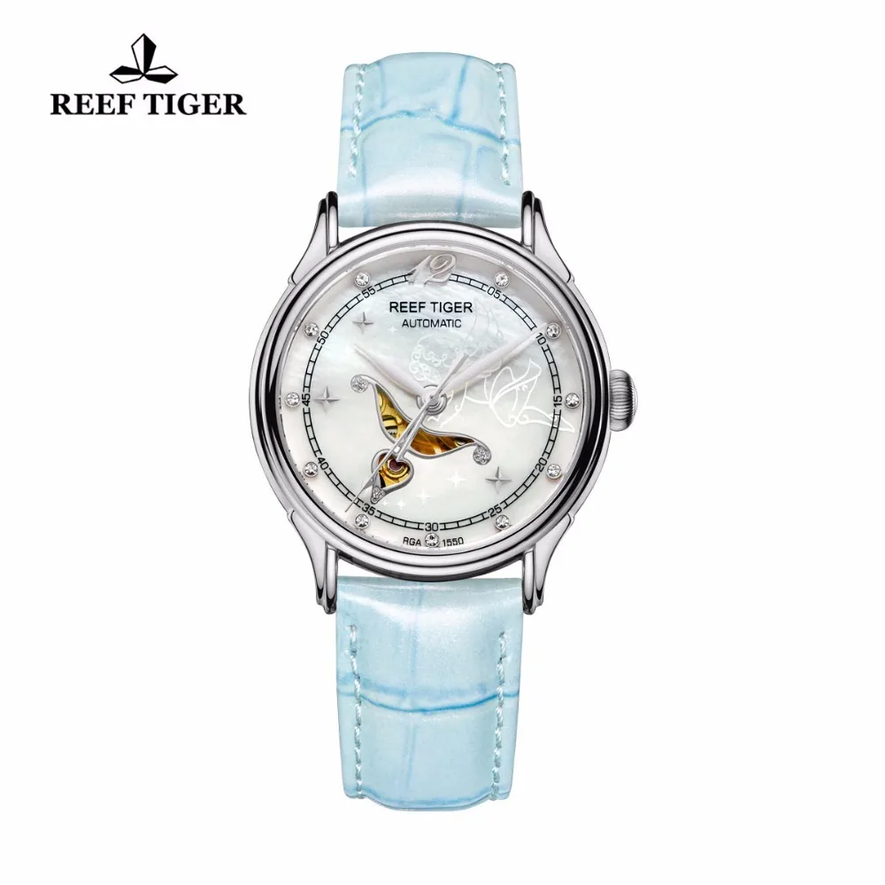 Reef Tiger-Montres Automatiques Élégantes pour Femme, Cadran MOP Blanc, Horloge en Acier, Diamants, Mode, RIncome 1550