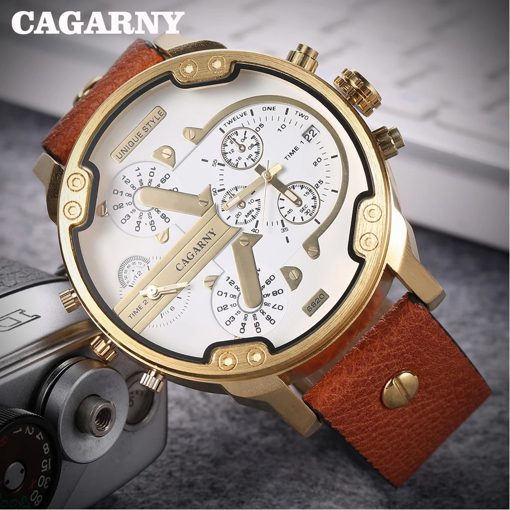 52MM Classy Big Gold Case Watch Men Genuine Leather Strap Casual Sport Mens Quartz Watches Cagarny Military Relogio Masculino