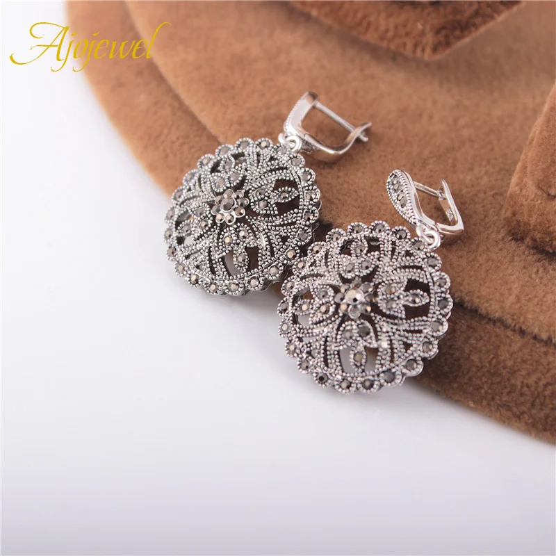 Ajojewel Big Round Earring For Women High Quality Black Crystal Rhinestone Flower Ear Drop Fashion Jewellery