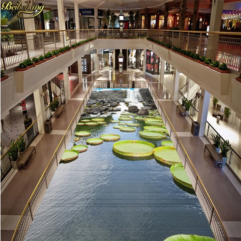 

beibehang Custom photo floor painting wallpaper stickers waterfall water lotus lotus leaves pond 3d floor three-dimensional pain