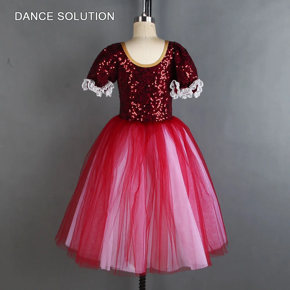 Burgundy Sequin Spandex Bodice Ballet Romantic Tutu with Short Puff Sleeves for Woman & Girls Stage Performance Costumes 19846