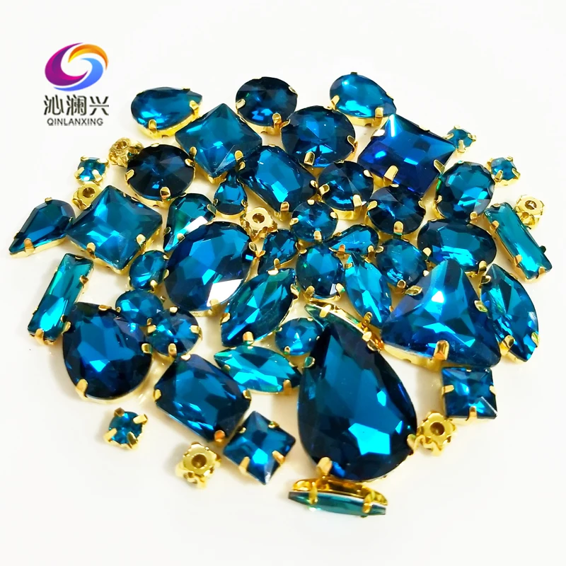 Mix 58Pcs Top Crystal Glass Rhinestones, Golden Bottom Peacock Blue Sewing Stones For Needlework, DIY Odzież Akcesoria