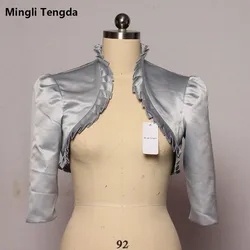 Mingli Tengda Silver Stain Wedding Jacket Bridal Bolero Womem Coat Cape Shrug Stole Ruffled Wrinkles 3/4 Sleeves Real Picture
