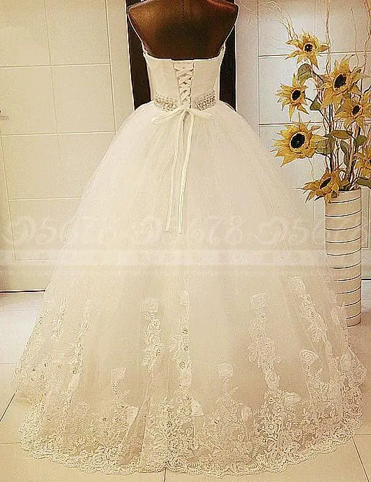 BANVASAC 2018 Pleat Strapless Lace Embroidery Ball Gown Wedding Dresses Real Photos Crystal Sash Backless Bridal Gowns