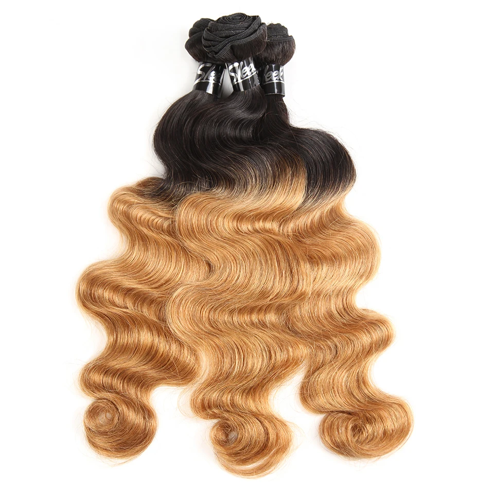 Sleek Brazilian Body Wave Bundles With Closure Ombre T1b/27 Remy Human Hair Weave Bundles With Closure