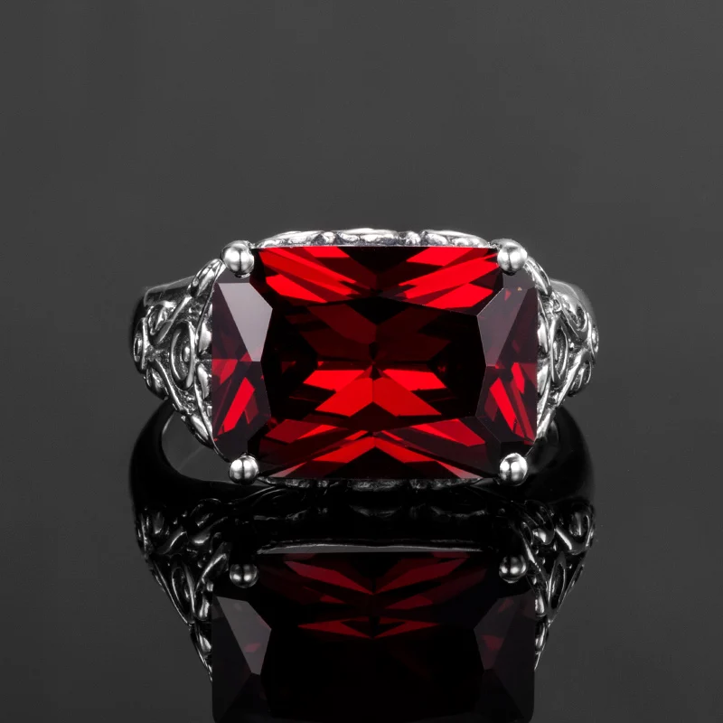 Real Pure 925 Sterling Silver Ring For Men Women Garnet Crystal Stone Ring Vintage Engraved Medieval Pattern Elements Jewelry
