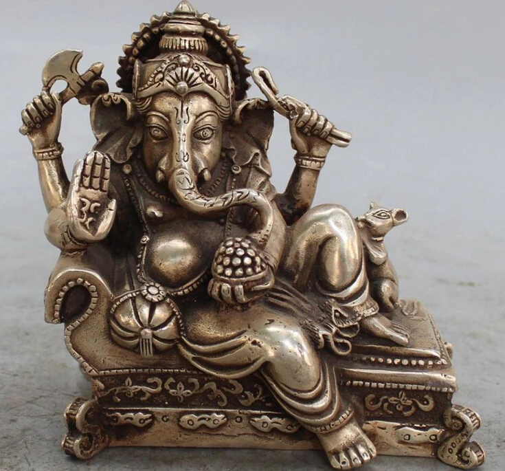 

6" lucky Chinese Tibet Silver 4 Arms Ganesh Elephant Mammon Buddha Mouse Statue S0706