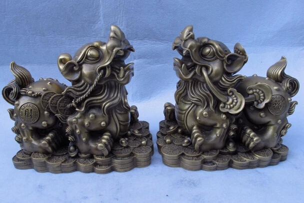 song voge gem S1221 Chinese Royal Brass Copper Feng shui Evil Foo Dog Lion Kylin Brave troops Pair