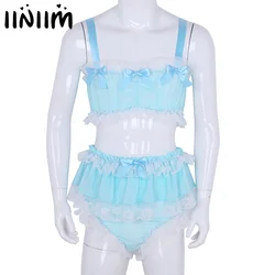 Mens Sissy Crossdresser Lingerie Set Sexy Cosplay Costumes Ruffled Lace Sheer Sleeveless Crop Top with Skirted Sissy Underwear