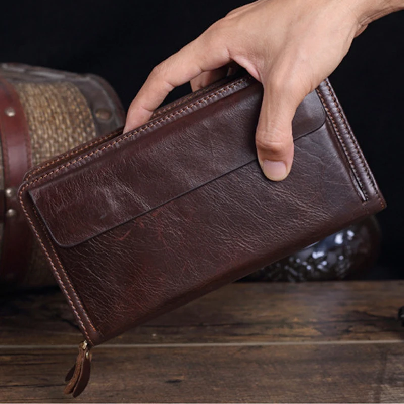 Luxury Genuine Leather Men Clutch Wallet Male Purse Long Wallet Cowhide Leather Money Clips Bag Large Capacity Money Holder M197