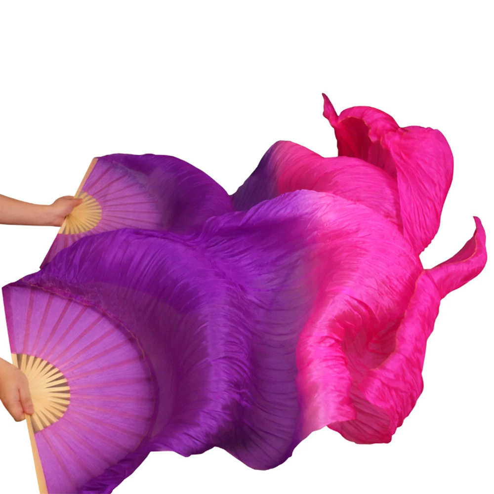 High Quality 100% Real Silk Fabric Fans 1 Pair Bamboo Ribs Handmade Dyed Women Silk Belly Dancing Fans Purple + Rose 180*90 cm