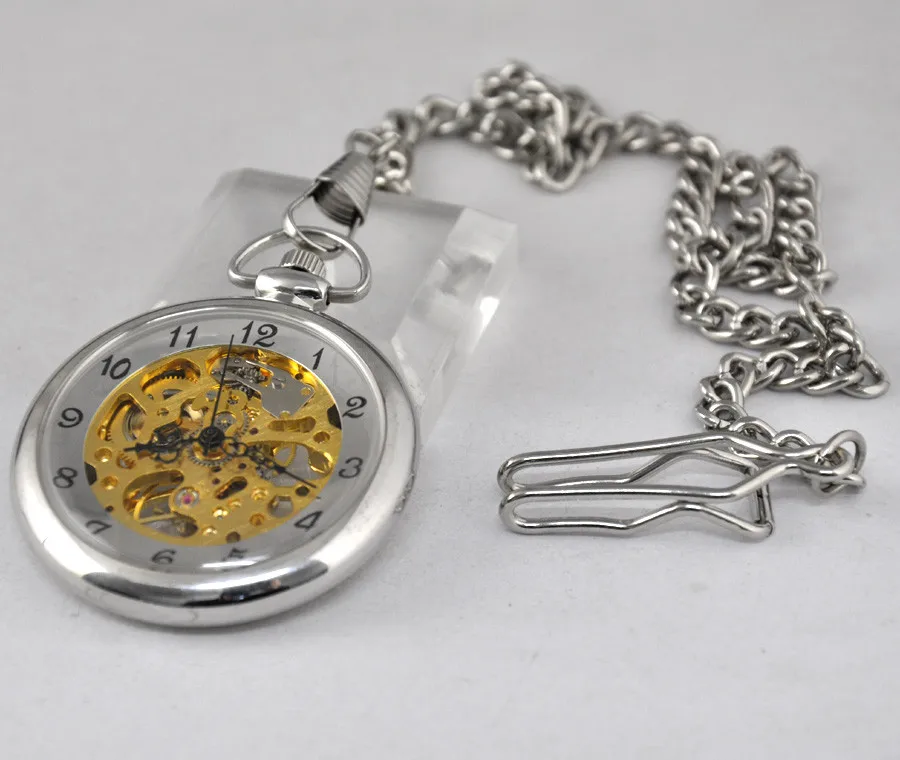Stainless Steel Mechanical Pocket Watch Transparent Open Face Silver Steampunk Wind up Watch FOB Chain Clock Gift VIGOROSO Brand
