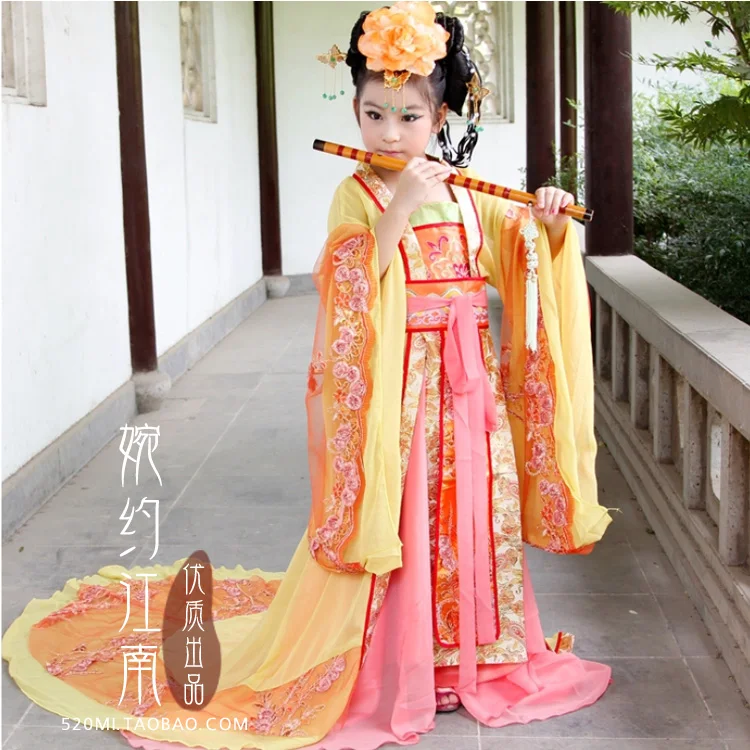 Tang Dynasty Tailed Princess Costume Ancient Chinese Princess Costume for Little Girl Photography or Stage Performance Wear