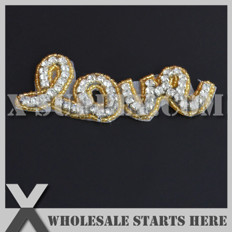 (100pcs/lot) Gold LOVE Design Crystal Rhinestone Appliques for Headbands,X1-RAT2471