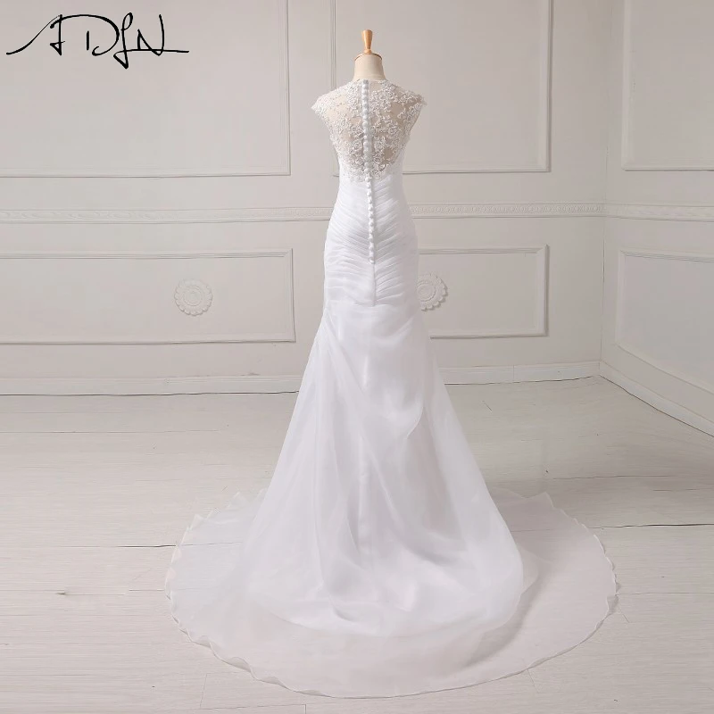 Adln Elegan Sendok Putri Duyung Gaun Pleat Cap Lengan Ilusi Kembali Putih/Gading Organza Gaun Pengantin Vestidos De novia