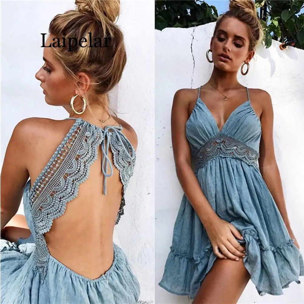 

Laipelar Women Summer Sundress Sexy Backless V-neck Beach Dresses 2019 Sleeveless Strap White Boho Mini Dress