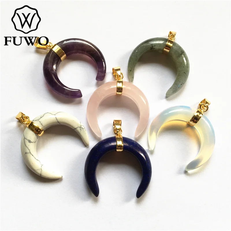 

FUWO Wholesale Natural Crystal Crescent Pendant,Golden Trimmed Double Horn Stone Accessories For Women Jewelry Making 5Pcs PD216