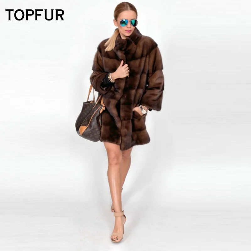 TOPFUR จริงขนสัตว์ฤดูหนาวสีน้ำตาลแจ็คเก็ต Collar Real Mink Fur Coat Collar ของแท้หนังผู้หญิง plus ขนาด