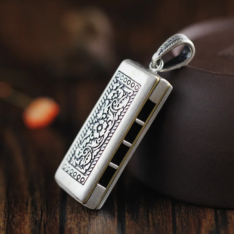 Handmade Harmonica Pendant Vintage Cuboid Geometry Can Blew Original Design 925 Sterling Thai Silver Necklace Men Women Jewelry