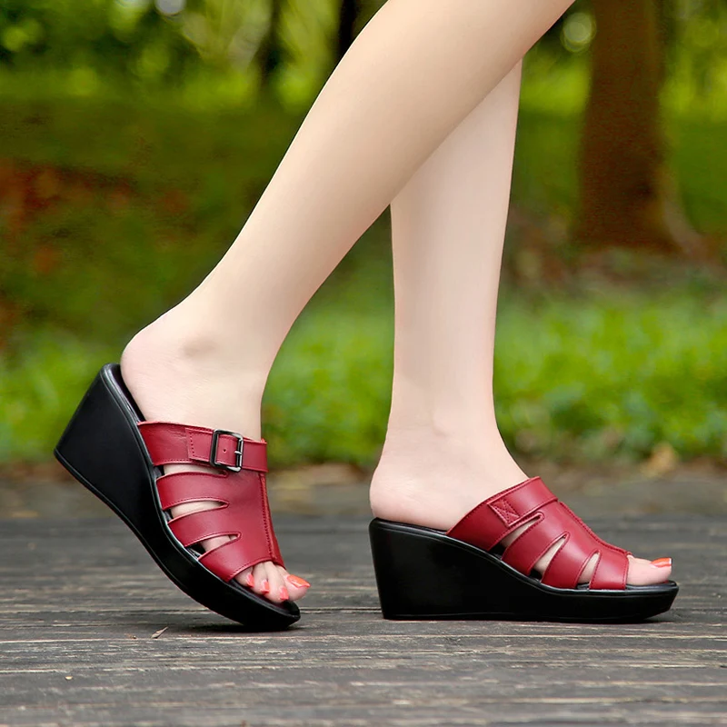 Genuine Leather Women Slippers Female Fashion, Thick Bottom Summer Sandals Buckle, Decoration Real Leather Wedged Shoes