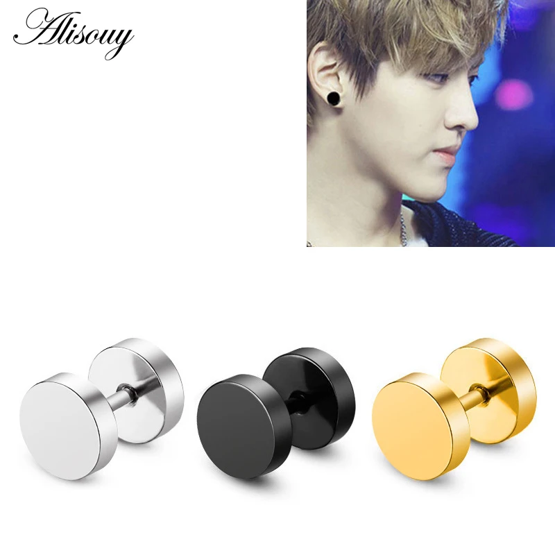 Alisouy 2pcs Fashion Punk Earrings Double Sided Round Bolt Stud Earrings Male Gothic Barbell Black Earrings Men Jewelry Gifts