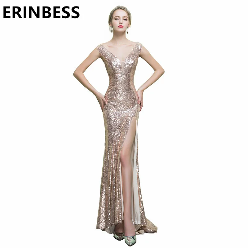 

Vestido De Festa Sexy V Neck Cap Sleeve Sequined Champagne Evening Dresses Robe De Soiree High Slit Women Formal Gowns