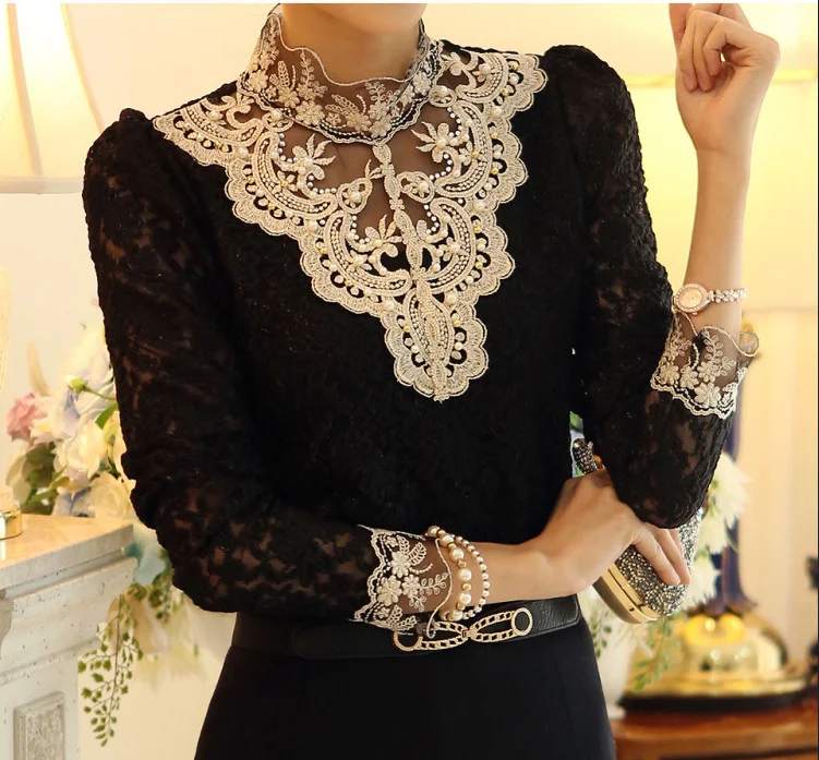 New Women Sexy Embroidery Lace Blouse Feminine Stand Neck Long Sleeve Shirt 3XL Blouse Tops