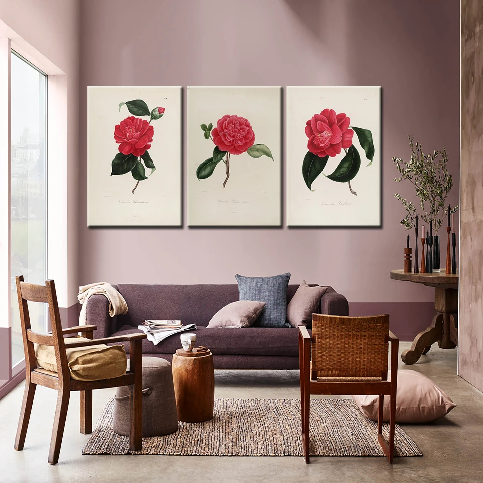 Living Room Wall Art Framework 3 Pieces Camellia flowers Paintings colorful Flowers Poster Modular Wallpapers Free shipping