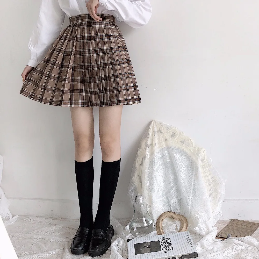 Japanese Preppy Style Orthodox Pleated Skirt School Student JK Uniform Short Skirts Grid Hight Waist Women's Pocket Bust skirt