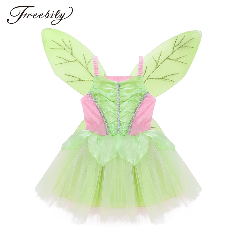 Kids Girls Green Fairy Costume Sleeveless Mesh Princess Fancy Dress with Glittery Wings for Halloween Dress Up Cosplay Party