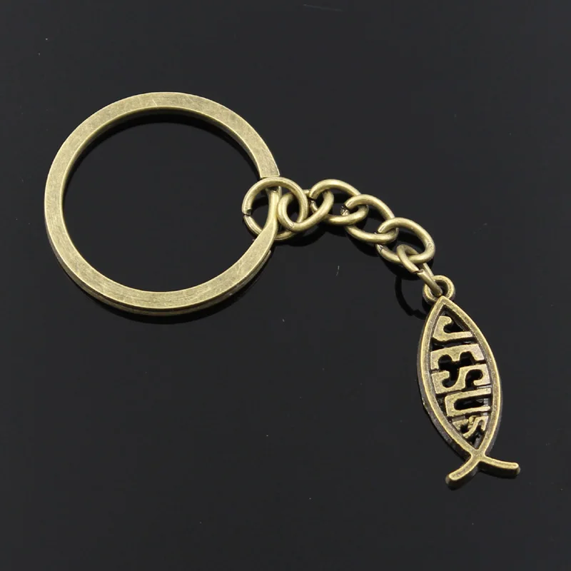 New Fashion Men 30mm Keychain DIY Metal Holder Chain Vintage Fish Jesus 27x10mm Bronze Pendant Gift