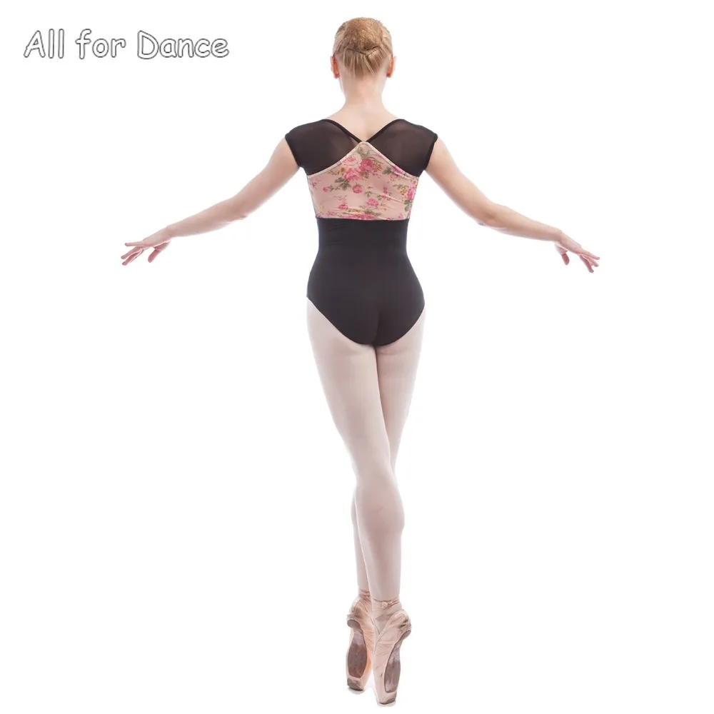 Body da balletto per adulti di spedizione gratuita in cotone nero con body da balletto in rete stampata a fiori Body da ginnastica modellante per la danza
