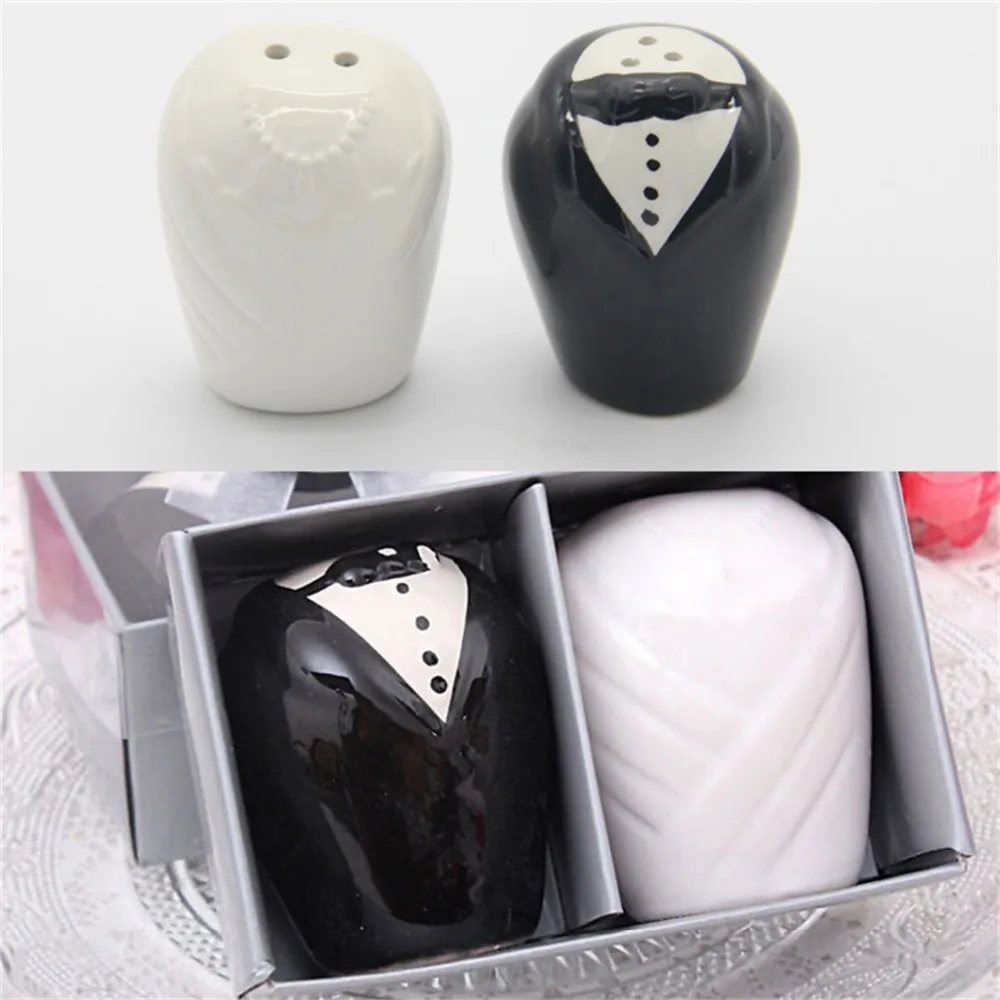 Home Portable 2Pcs Wedding Party Festival Favor Gift Ceramic Bride Groom Spice Shaker Salt Pepper Parade Seasoning Shaker Set