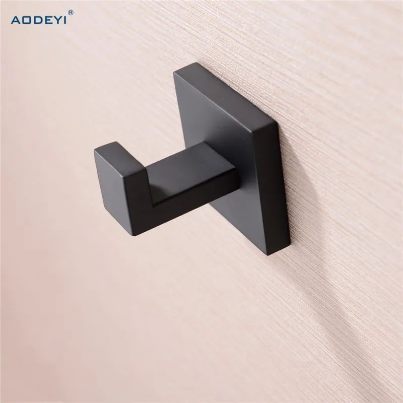 Square Black Solid Stainless Steel Single Robe Hook Towel Rack Clothes Hook Bath Accessories 07-011