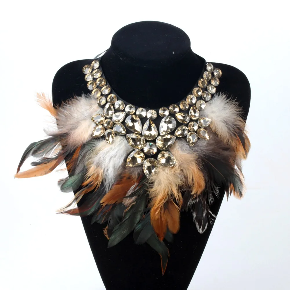 ZMZY Feather Choker Necklace With Glass Crystal Handmade Necklace Jewelry For Women