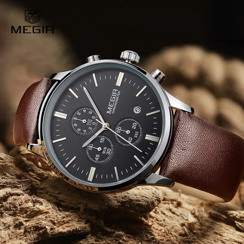 

MEGIR hot fashion leather quartz watch man luminous chronograph wristwatch male casual analog watches men calendar hour clock